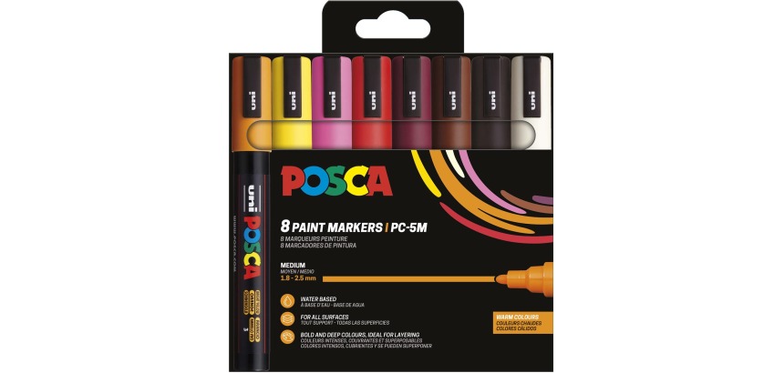 Uni POSCA marqueur peinture PC-5M, 1,8 - 2,5 mm, étui de 8 pièces en couleurs chaud