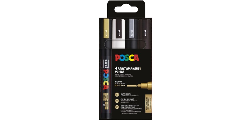 Uni POSCA paintmarker PC-5M, 1,8 - 2,5 mm, etui van 4 stuks goud, wit, zilver en zwart
