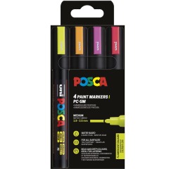 Uni POSCA marqueur peinture PC-5M, 1,8 - 2,5 mm, étui de 4 pièces en couleurs fluo