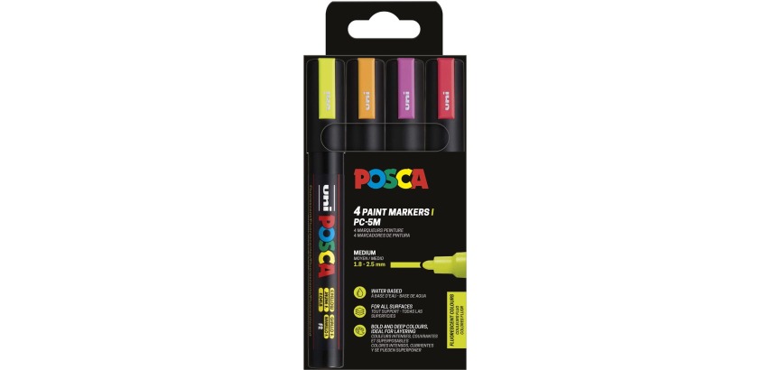 Uni POSCA Malstift PC-5M, 1,8 - 2,5 mm, 4-teiliges Etui in Neonfarben