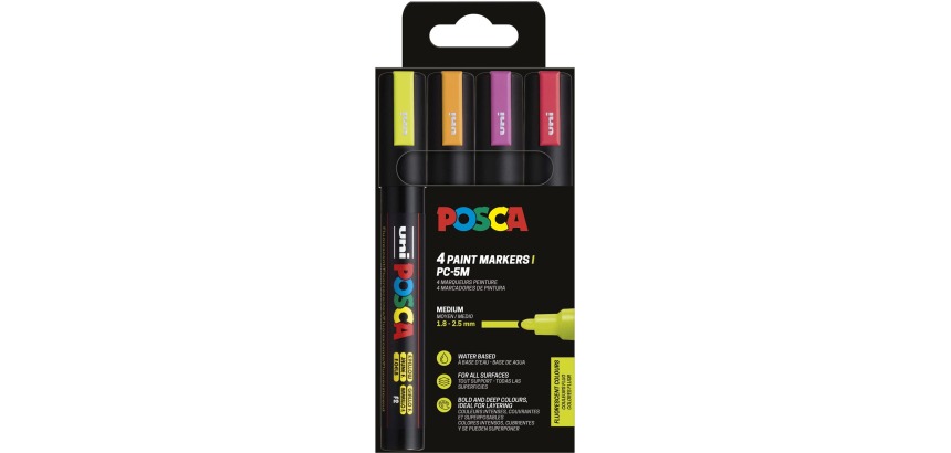 Uni POSCA paint marker PC-5M, 1.8 - 2.5 mm, set of 4 pieces in neon colors