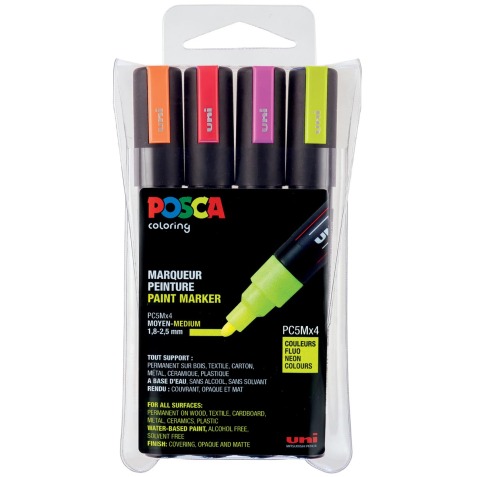 Uni POSCA paintmarker PC-5M, 1,8 - 2,5 mm, etui van 4 stuks in geassorteerde fluo kleuren