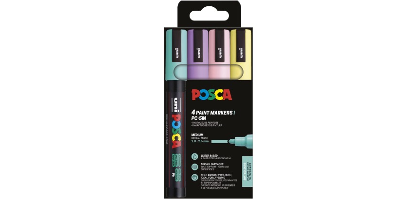 Uni POSCA paintmarker PC-5M, 1,8 - 2,5 mm, etui van 4 stuks in zachte kleuren