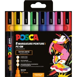Uni POSCA marqueur peinture PC-5M, 1,8 - 2,5 mm, étui de 8 pièces en couleurs assorties Pop