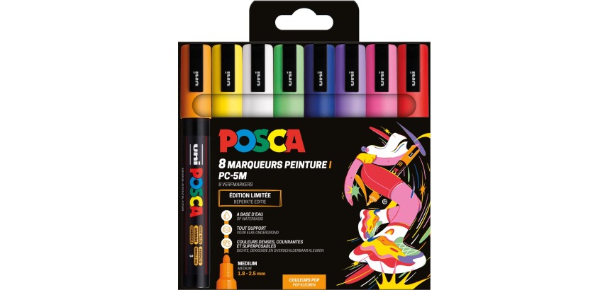 Uni POSCA marqueur peinture PC-5M, 1,8 - 2,5 mm, étui de 8 pièces en couleurs assorties Pop