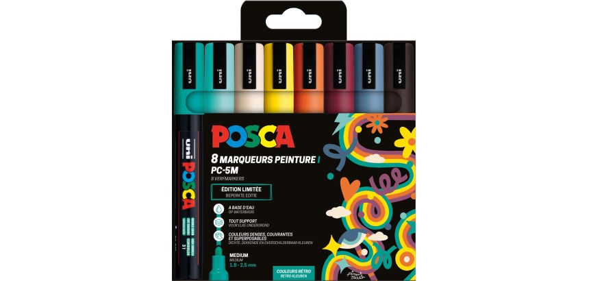 Uni POSCA marqueur peinture PC-5M, 1,8 - 2,5 mm, étui de 8 pièces en couleurs assorties Rétro