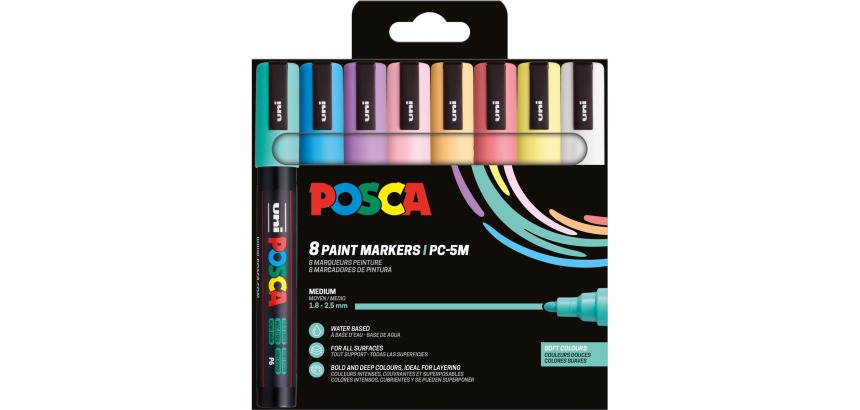 Uni POSCA marqueur peinture PC-5M, 1,8 - 2,5 mm, étui de 8 pièces en couleurs douces