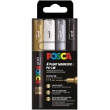 Uni POSCA marqueur peinture PC-1MC, 0,7 - 1 mm, étui de 4 pièces, or, argent, blanc et noir