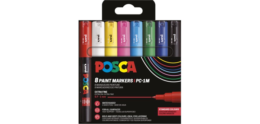Uni POSCA marqueur peinture PC-1MC, 0,7 - 1 mm, étui de 8 pièces en couleurs de base assorties
