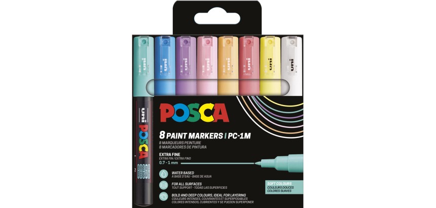 Uni POSCA marqueur peinture PC-1MC, 0,7 -1 mm, étui de 8 pièces en couleurs douces assorties