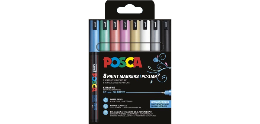 Uni POSCA marqueur peinture PC-1MR, 0,7 mm, étui de 8 pièces en couleurs métaliques assorties