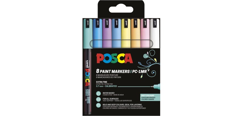 Uni POSCA marqueur peinture PC-1MR, 0,7 mm, étui de 8 pièces en couleurs douces assorties