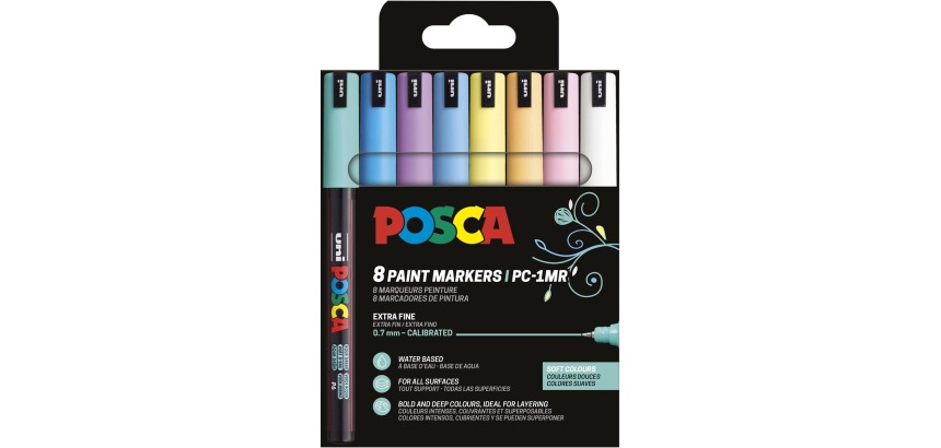 Uni POSCA marqueur peinture PC-1MR, 0,7 mm, étui de 8 pièces en couleurs douces assorties