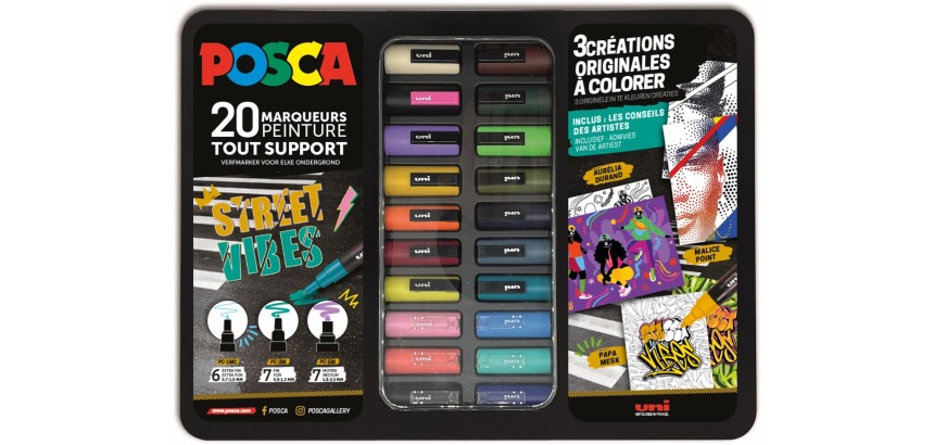 Posca marqueur peinture, boite en métal de 20 pièces, assorti, dessin Street Vibes