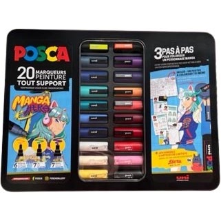 Posca paintmarkers, metalen doos van 20 stuks, assorti, ontwerp Manga