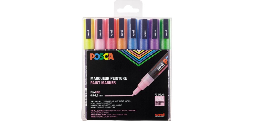 Marker Uni-Ball Posca PC3ML Rundspitze 0,9 - 1,3 mm sortierte Glitzerfarben - Packung mit 8 Stück
