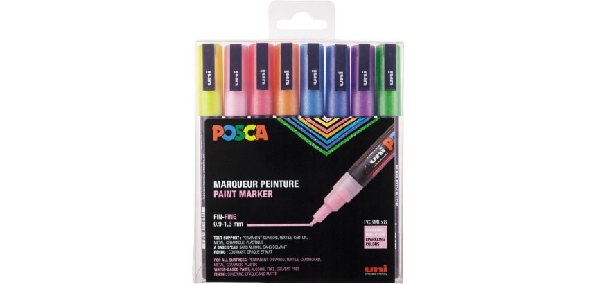 Uni-Ball Posca PC3ML marker, bullet tip 0.9 - 1.3 mm assorted glitter colors - Pack of 8