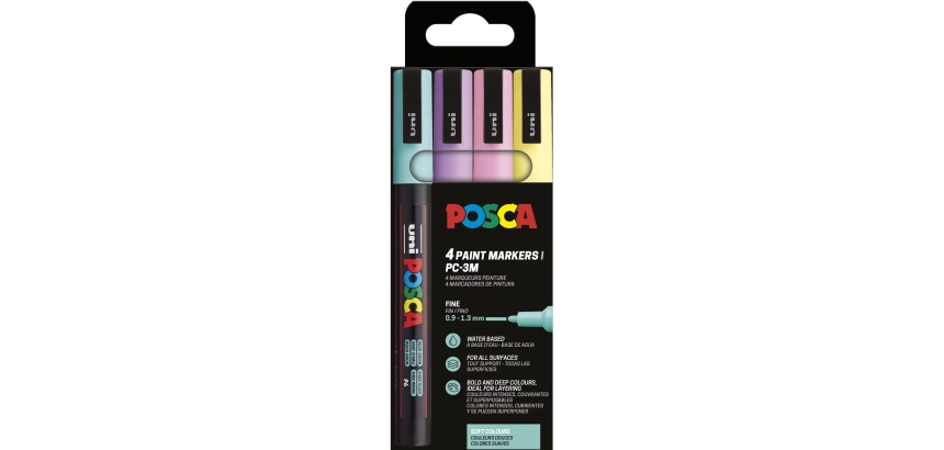 Uni POSCA marqueur peinture PC-3M, 1,5 mm, étui de 4 pièces en couleurs assorties douces