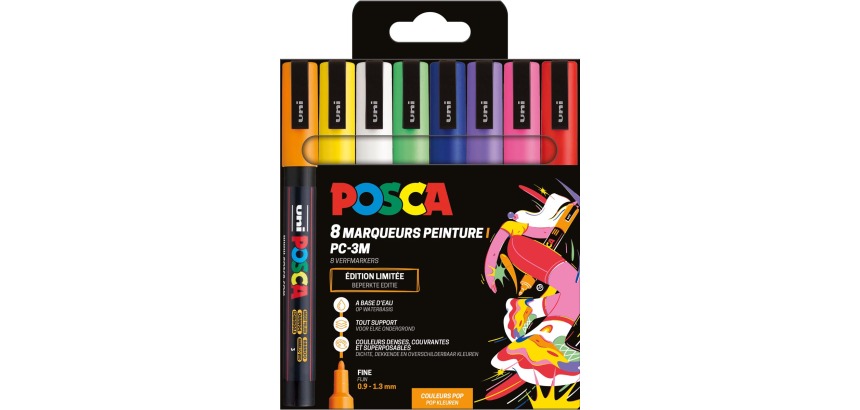 Uni POSCA marqueur peinture PC-3M, 1,5 mm, étui de 8 pièces en couleurs assorties Pop