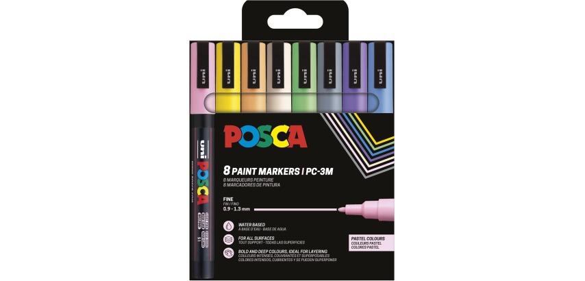 Uni POSCA Marker PC-3M, 1,5 mm, Etui mit 8 Stück in verschiedenen Pastellfarben