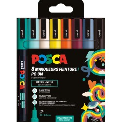Uni POSCA marqueur peinture PC-3M, 1,5 mm, étui de 8 pièces en couleurs assorties Rétro