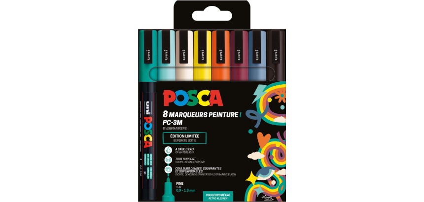 Uni POSCA marqueur peinture PC-3M, 1,5 mm, étui de 8 pièces en couleurs assorties Rétro