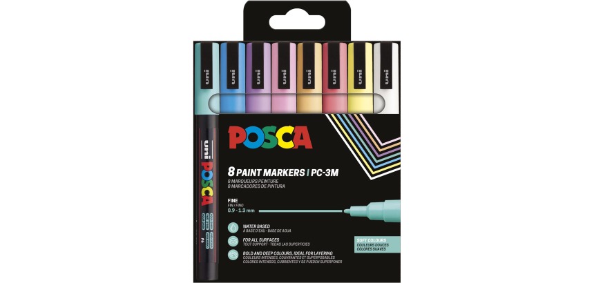 Uni POSCA marqueur peinture PC-3M, 1,5 mm, étui de 8 pièces en couleurs assorties douces