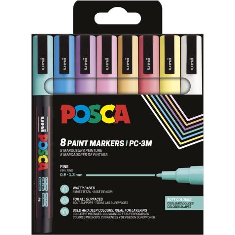 Uni POSCA marqueur peinture PC-3M, 1,5 mm, étui de 8 pièces en couleurs assorties douces