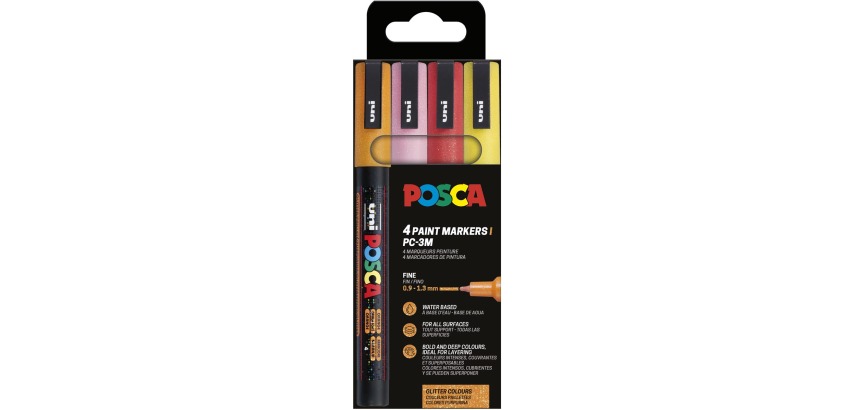 Uni POSCA Marker PC-3ML, 1,5 mm, glitzernd, Etui mit 4 Stück in Orange, Rosa, Rot und Gelb