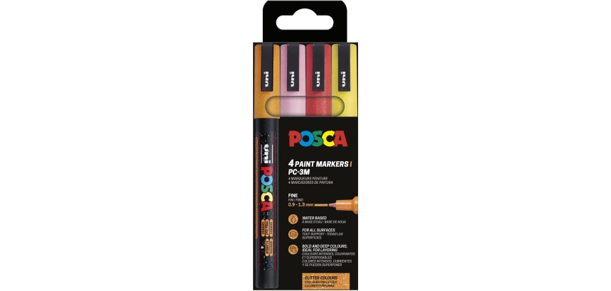 Uni POSCA paintmarker PC-3ML, 1,5 mm, glitter, etui van 4 stuks oranje, roze, rood en geel