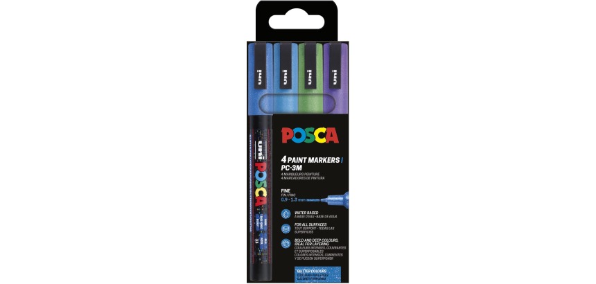 Uni POSCA paintmarker PC-3ML, 1,5 mm, glitter, etui van 4 stuks donkerblauw, lichtblauw, groen en violet