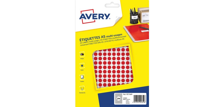 Avery PET08R round dot labels, 8 mm diameter, pack of 2940 pieces, red