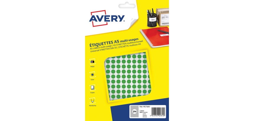 Avery PET08V round dot labels, diameter 8 mm, blister pack of 2940 pieces, green