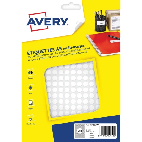 Avery PET08W etiquettes pastilles rondes, diamètre 8 mm, blister de 4704 pièces, blanc