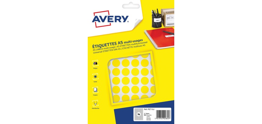 Avery PET15J round dot labels, 15 mm diameter, blister of 960 pieces, yellow