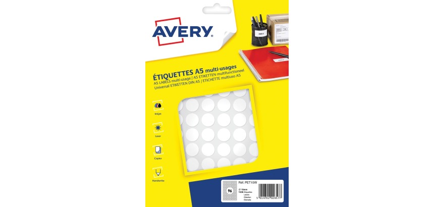 Adhesive and printable inkjet and laser stickers  Ø15 mm Avery white - Pack of 1536