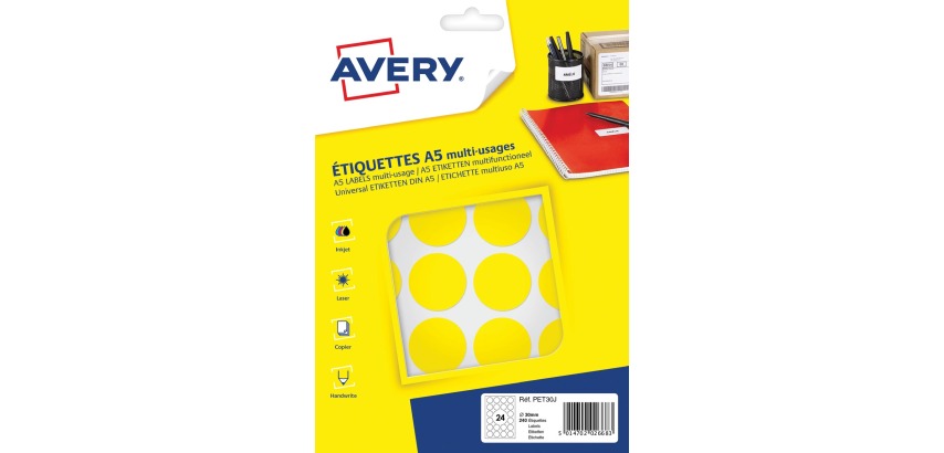 Avery PET30J round dot labels, diameter 30 mm, blister pack of 240 pieces, yellow