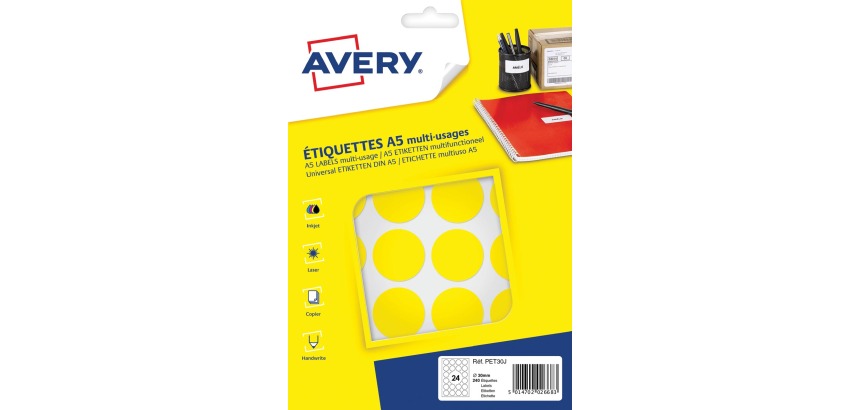 Avery PET30J round dot labels, diameter 30 mm, blister pack of 240 pieces, yellow