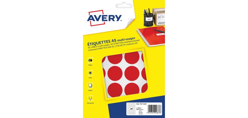 Avery PET30R etiquettes pastilles rondes, diamètre 30 mm, blister de 240 pièces, rouge