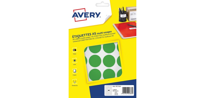 Avery PET30V round dot labels, 30 mm diameter, blister pack of 240 pieces, green