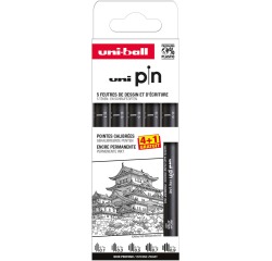 Uni Pin fineliner, pointes calibrées, noir, 0,1-0,3-0,5-0,7-0,9 mm, blister de 4 + 1 gratuit