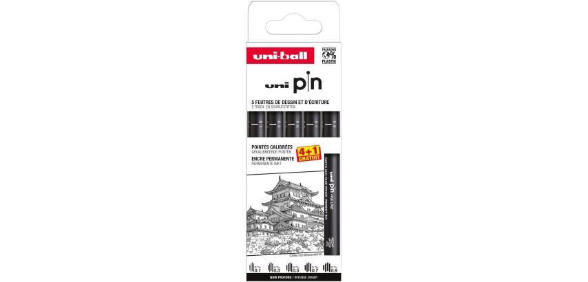 Uni Pin fineliner, gekalibreerde punten, zwart, 0,1-0,3-0,5-0,7-0,9 mm, blister van 4 + 1 gratis