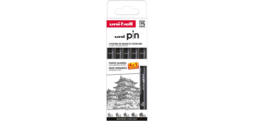 Uni Pin fineliner, pointes calibrées, noir, 0,1-0,3-0,5-0,7-0,9 mm, blister de 4 + 1 gratuit