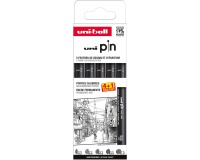 Uni Pin fineliner, pointes calibrées, noir, 0,2-0,4-0,6-0,8-1,0 mm, blister de 4 + 1 gratuit