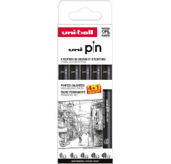 Uni Pin fineliner, pointes calibrées, noir, 0,2-0,4-0,6-0,8-1,0 mm, blister de 4 + 1 gratuit
