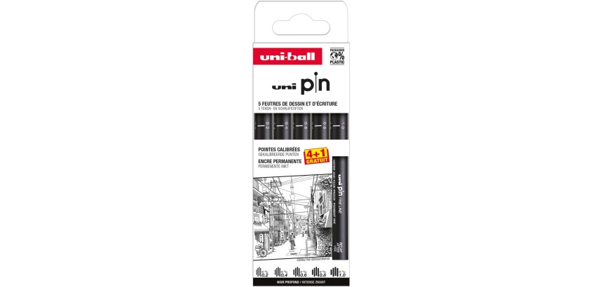 Uni Pin fineliner, pointes calibrées, noir, 0,2-0,4-0,6-0,8-1,0 mm, blister de 4 + 1 gratuit