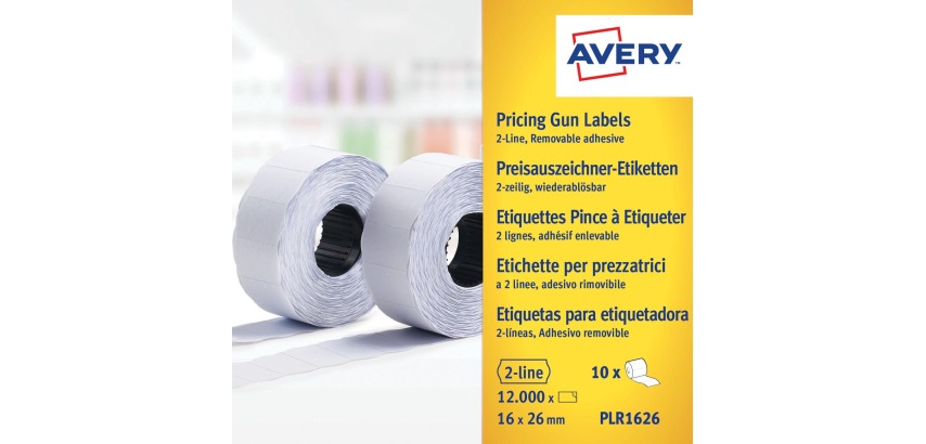 Avery PLR1626 étiquettes pour étiqueteuse, non-permanent, ft 26 x 16, 12 000 étiquettes, blanc