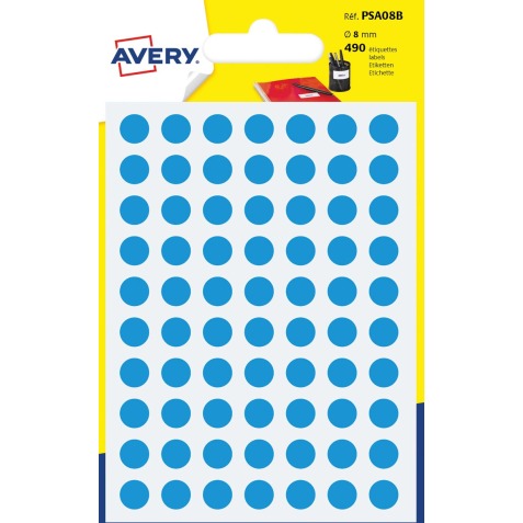 Avery PSA08B ronde markeringsetiketten, diameter 8 mm, blister van 490 stuks, lichtblauw