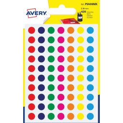 Avery PSA08MX ronde markeringsetiketten, diameter 8 mm, blister van 420 stuks, geassorteerde kleuren