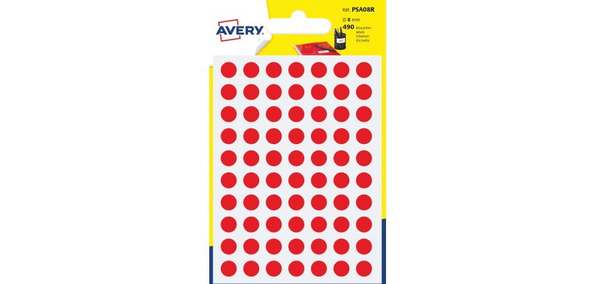 Avery PSA08R round dot labels, 8 mm diameter, blister pack of 490 pieces, red